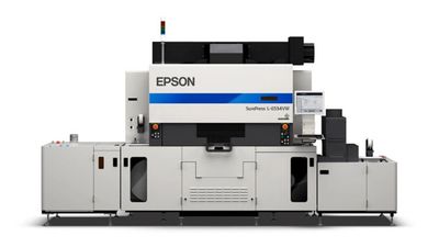 Front view of an Epson SurePress L-6534VW digital label press machine.