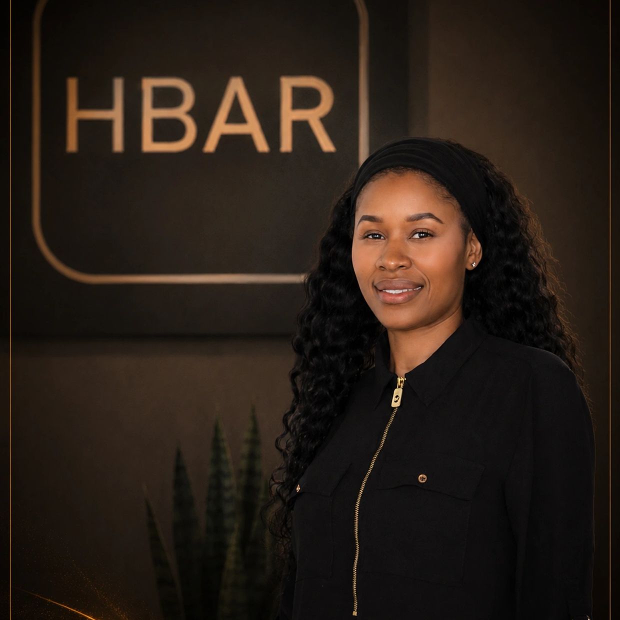 Confident woman posing in front of an HBAR sign with a warm smile.