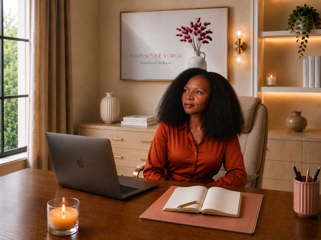 Woman in a cozy office with a laptop, notebook, and candle, reflecting peacefully.