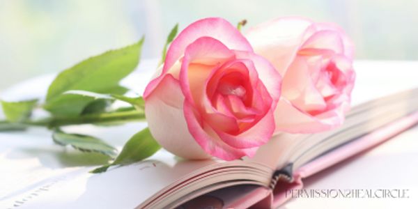 Two pink-edged roses on an open book.