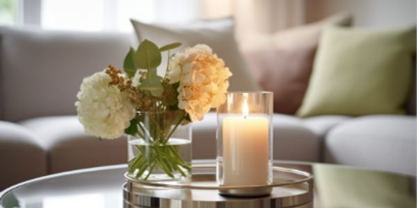 Elegant candle and flower arrangement on a glass table in a cozy living room.