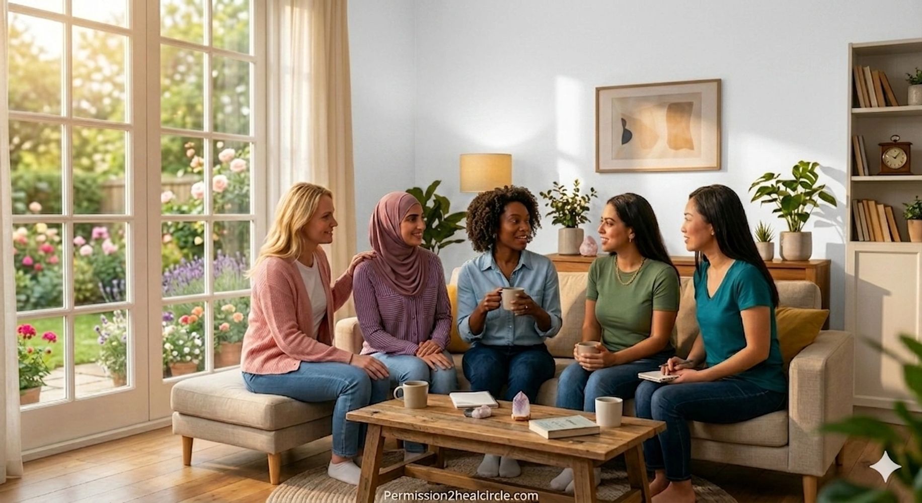 Five diverse women having a warm conversation in a cozy living room.