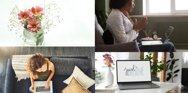 Collage showing flowers, remote work, meditation, and laptop with motivational message.