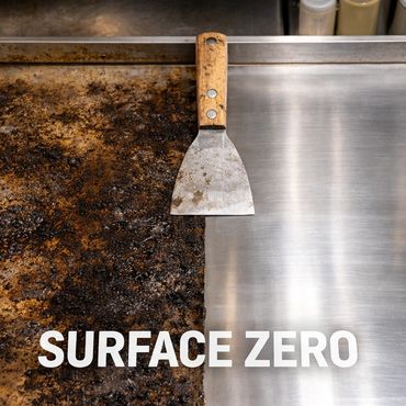 A spatula cleaning a dirty grill to a shiny surface.