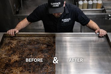 Man showcasing a heavily stained grill cleaned to shine.