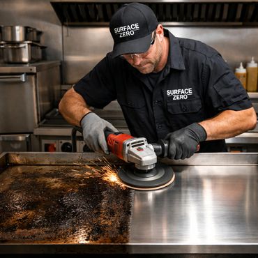 Worker using a power tool to clean a greasy metal surface in a kitchen.