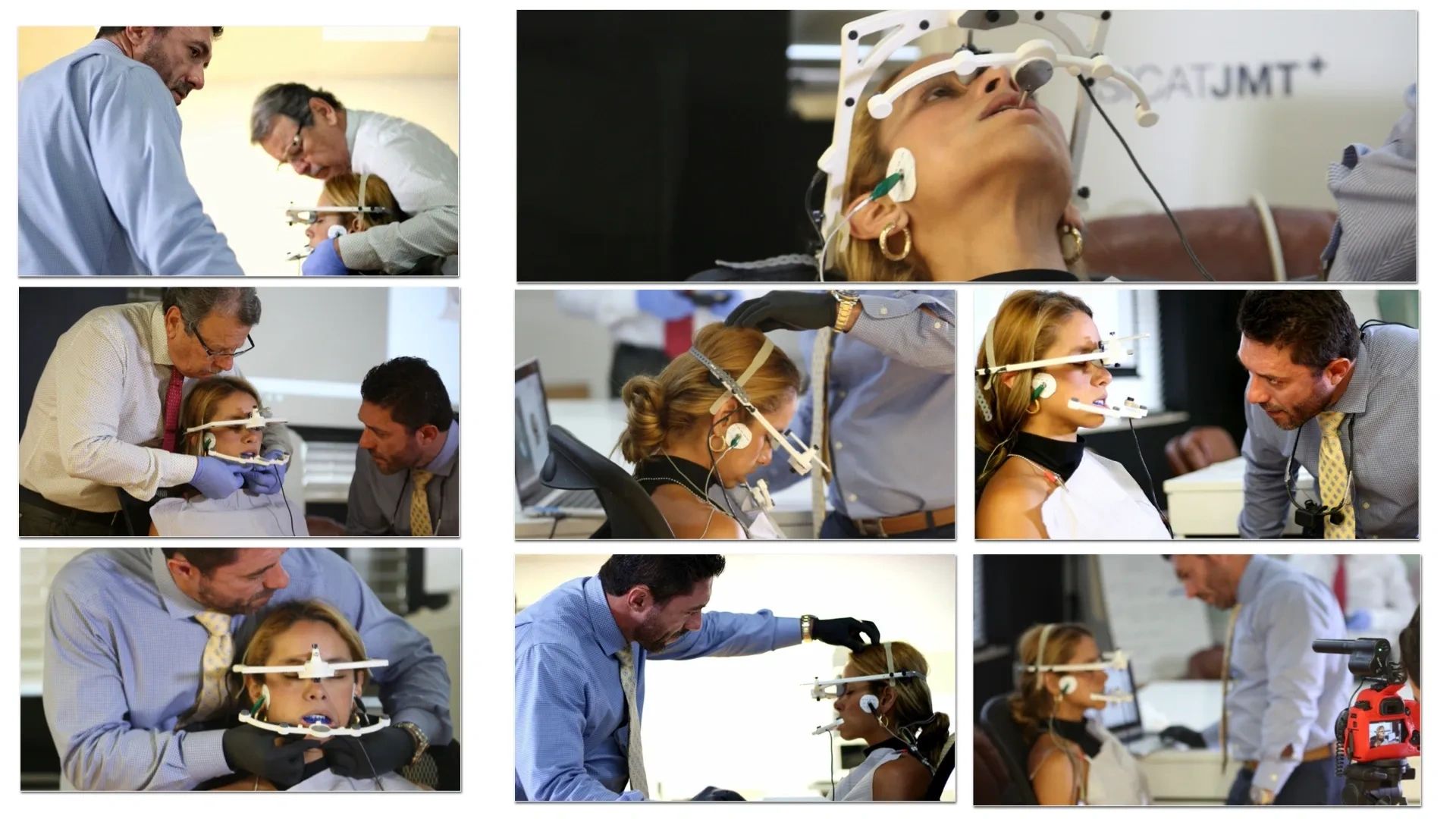 Doctors fitting a woman with a dental or orthodontic device in a clinical setting.