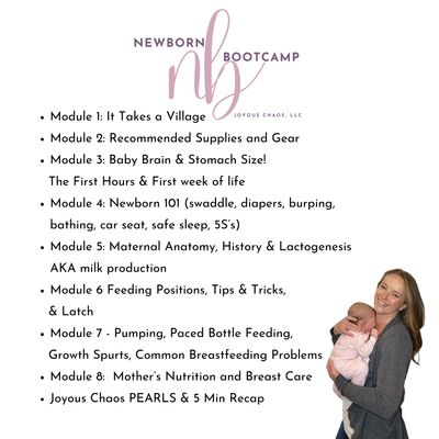 Newborn Bootcamp modules overview with mother holding baby.