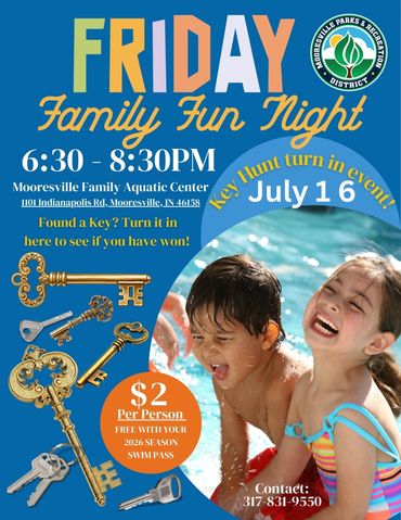 Flyer for Family Fun Night at Mooresville Aquatic Center on July 16.