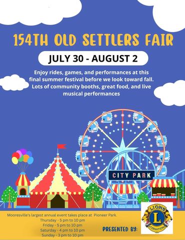 Poster for the 154th Old Settlers Fair from July 30 to August 2 at City Park.