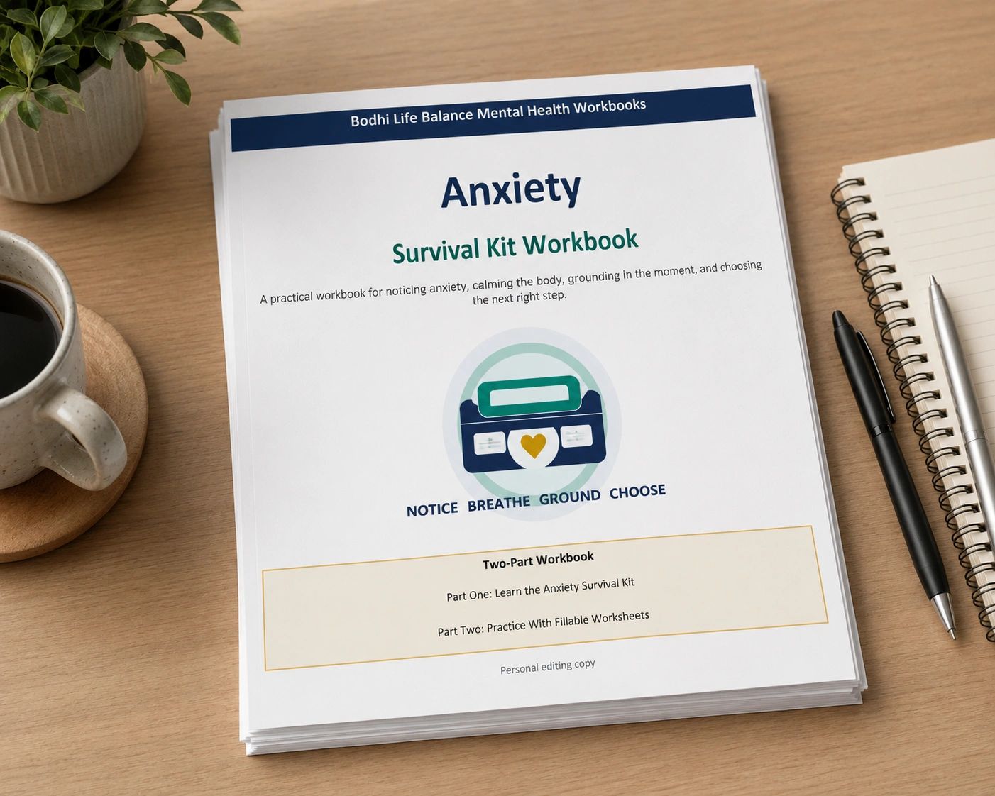 Anxiety Survival Kit Workbook on a desk with pens and coffee.