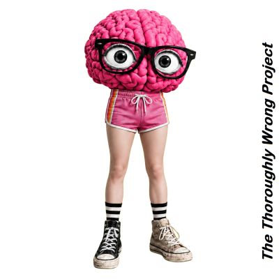A brain with glasses on a person's body wearing shorts and mismatched shoes.
