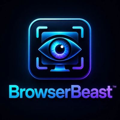 Glowing neon logo of BrowserBeast with an eye and monitor icon.