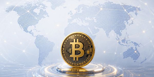 Bitcoin coin with world map background.