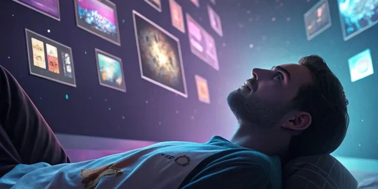 A man lying on a bed looking forward where pictures are shown