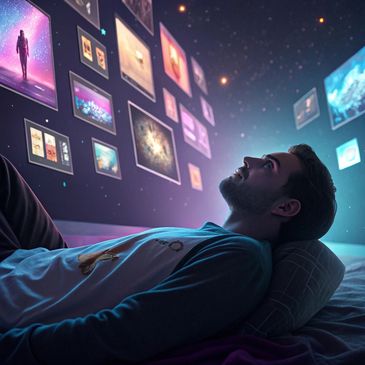 a man lying on the bed looking at the ceiling
