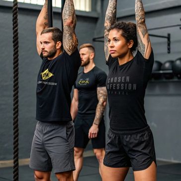 Two men and a woman exercising in a gym