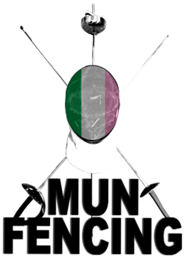Fencing mask with Newfoundland flag design and three swords crossed behind it.