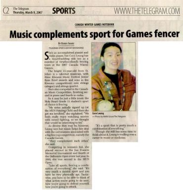Article about musician Coe Leung supporting sports at the 2007 Canada Winter Games.