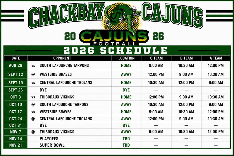 Chackbay Cajuns 2026 Schedule