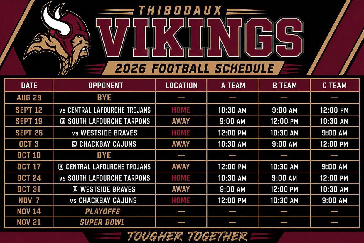 Thibodaux Vikings 2026 football schedule with game dates and times.