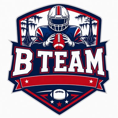 B Team football logo with player holding ball.