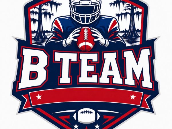 Cartoon football player with "B TEAM" text.