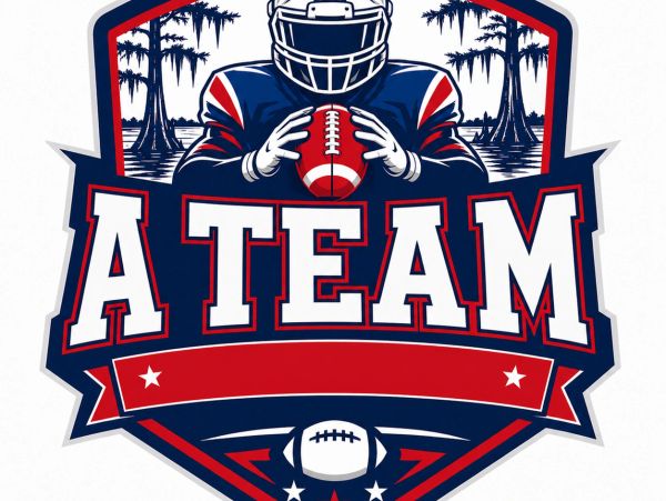 Logo of a football team named 'A Team' with a player holding a ball.