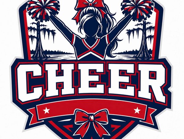 Cheerleading graphic with bold text and a cheerleader silhouette.
