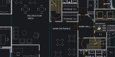 Architectural floor plan showing recreation area and main entrance details.