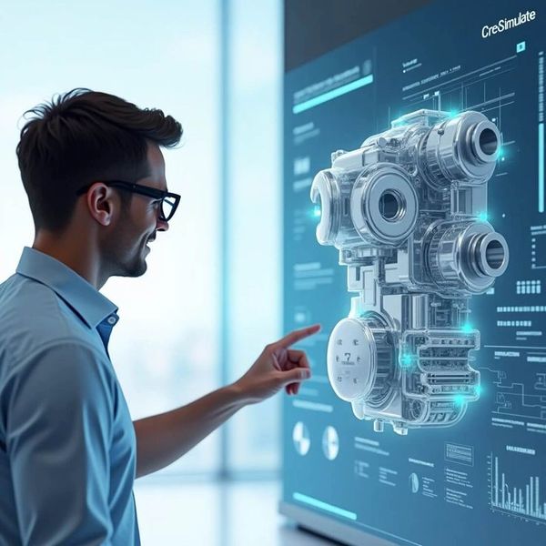 Engineer interacting with a futuristic 3D holographic machine model.