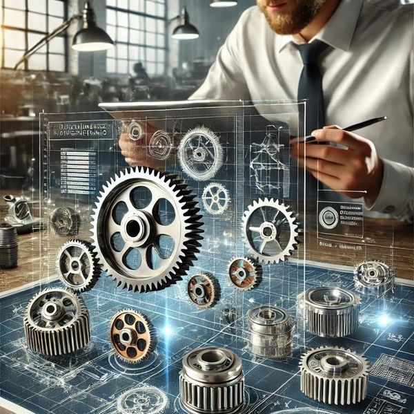 Engineer visualizes mechanical gears with digital holograms in a modern workspace.