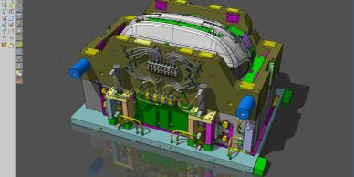 3D CAD model of a complex mechanical assembly with various colored components.