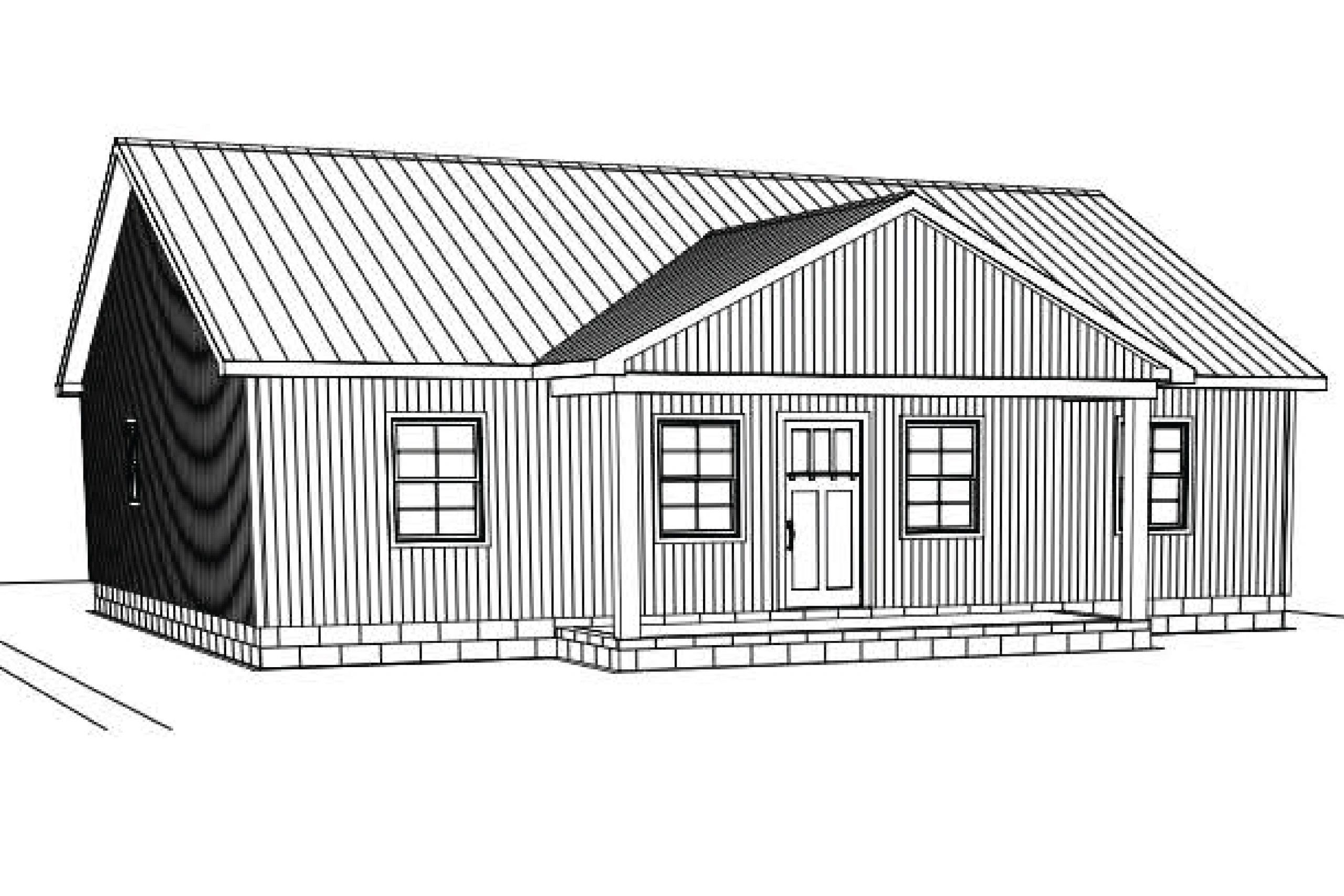 Black and white sketch of a small house with a front porch and pitched roof.