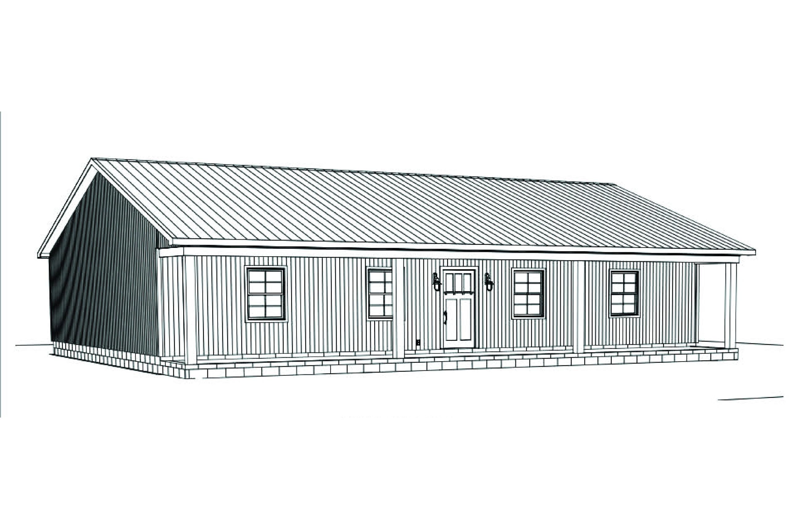 Black and white architectural sketch of a simple house with a front porch.