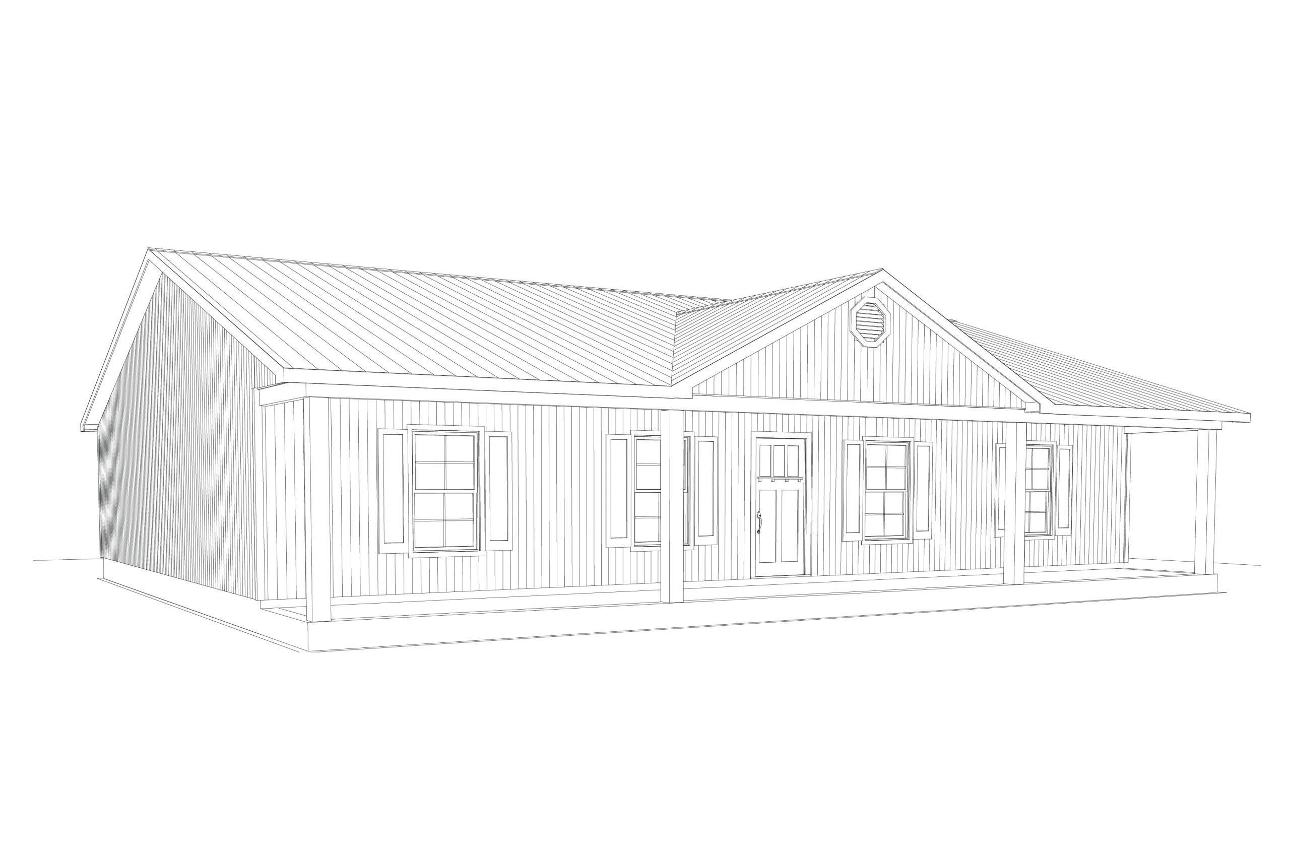 3D wireframe model of a single-story house with a porch and multiple windows.