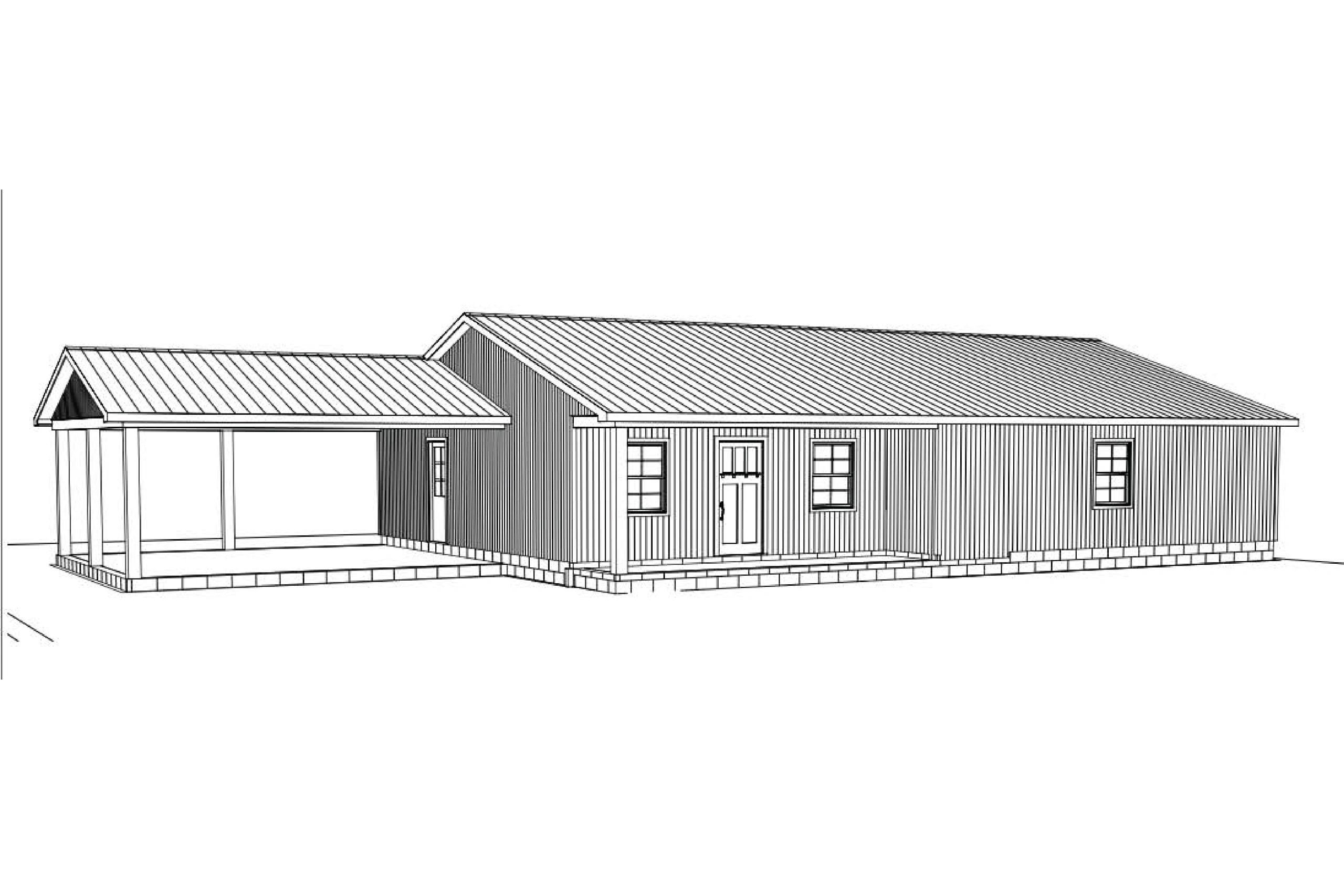 Black and white 3D rendering of a simple house with a covered porch.