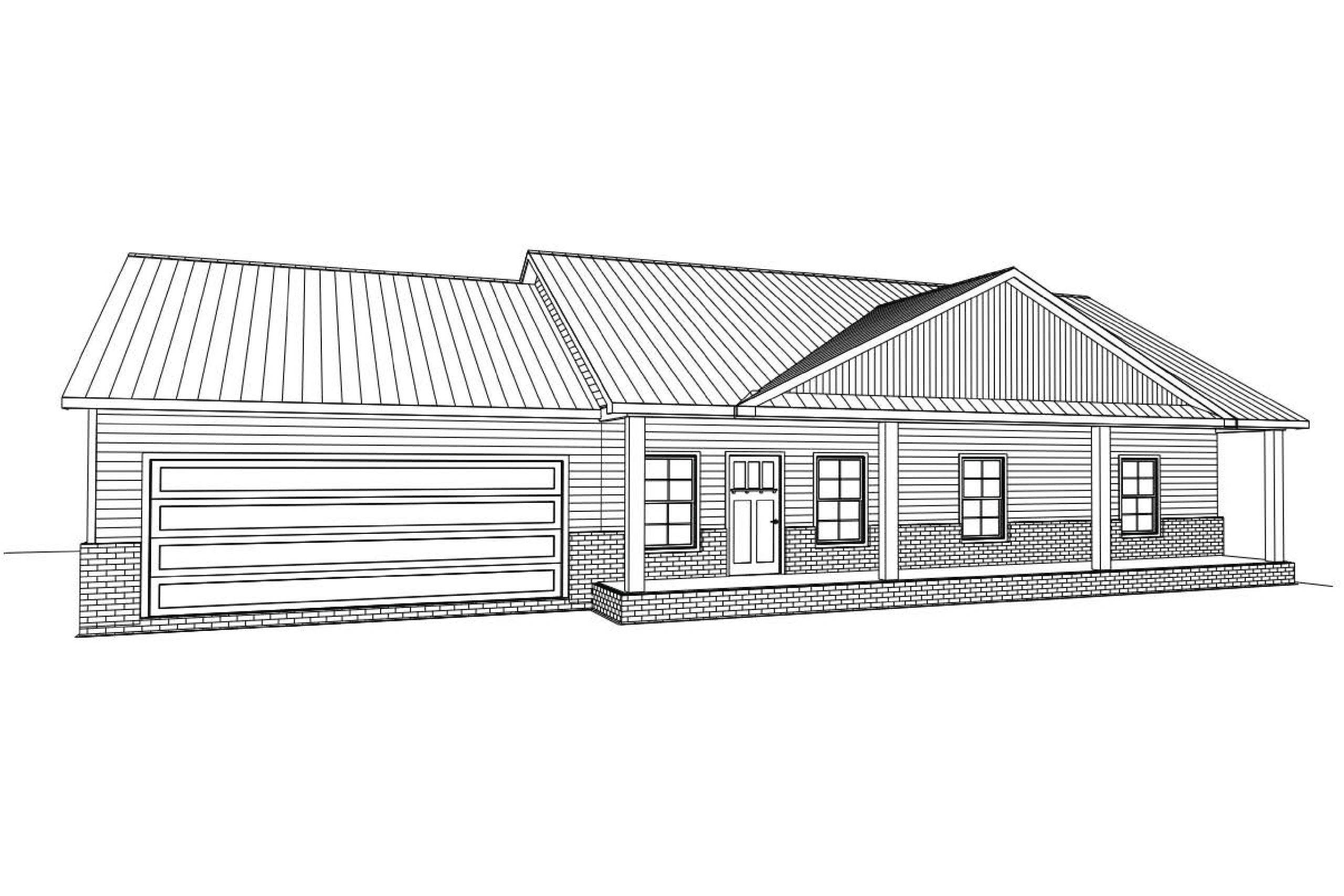 Architectural line drawing of a single-story house with a garage and front porch.