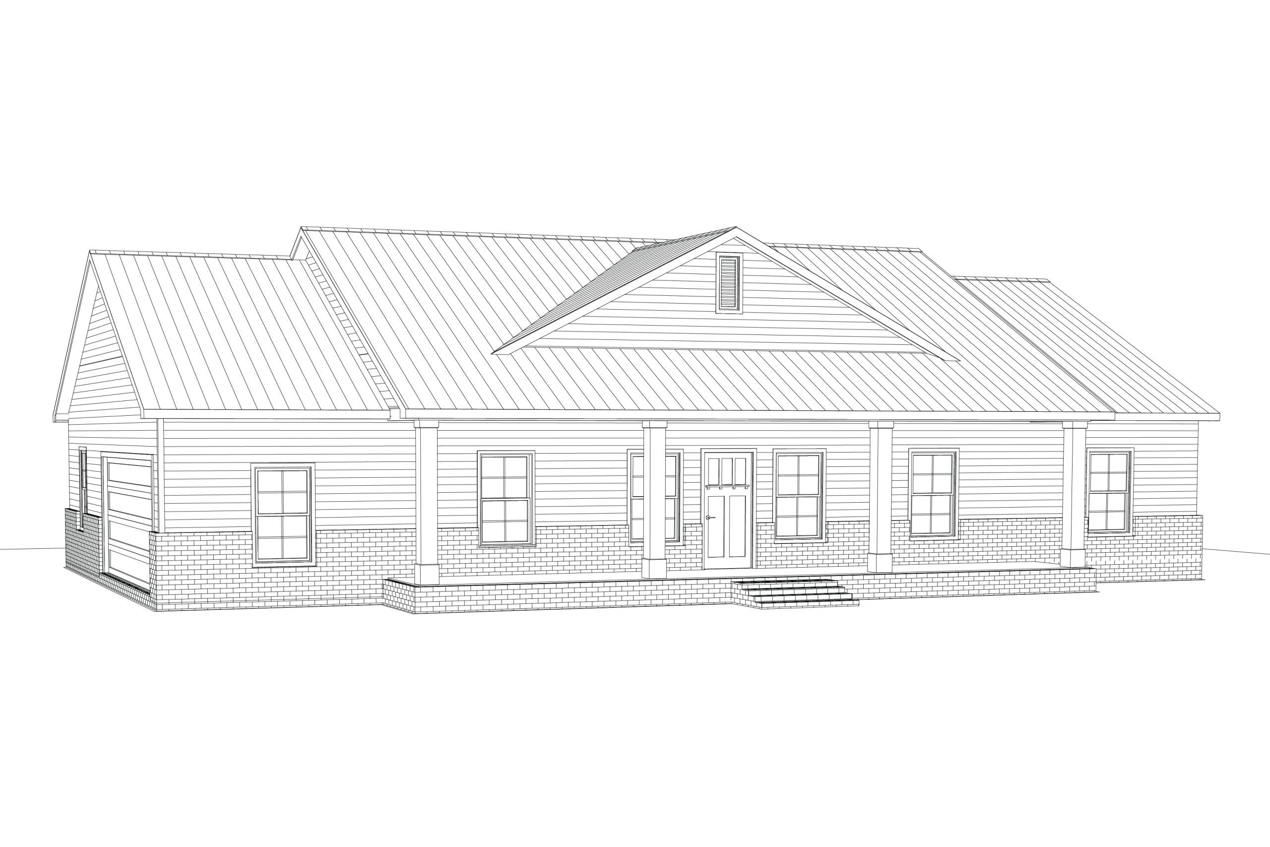 Detailed architectural line drawing of a single-story house with porch and garage.