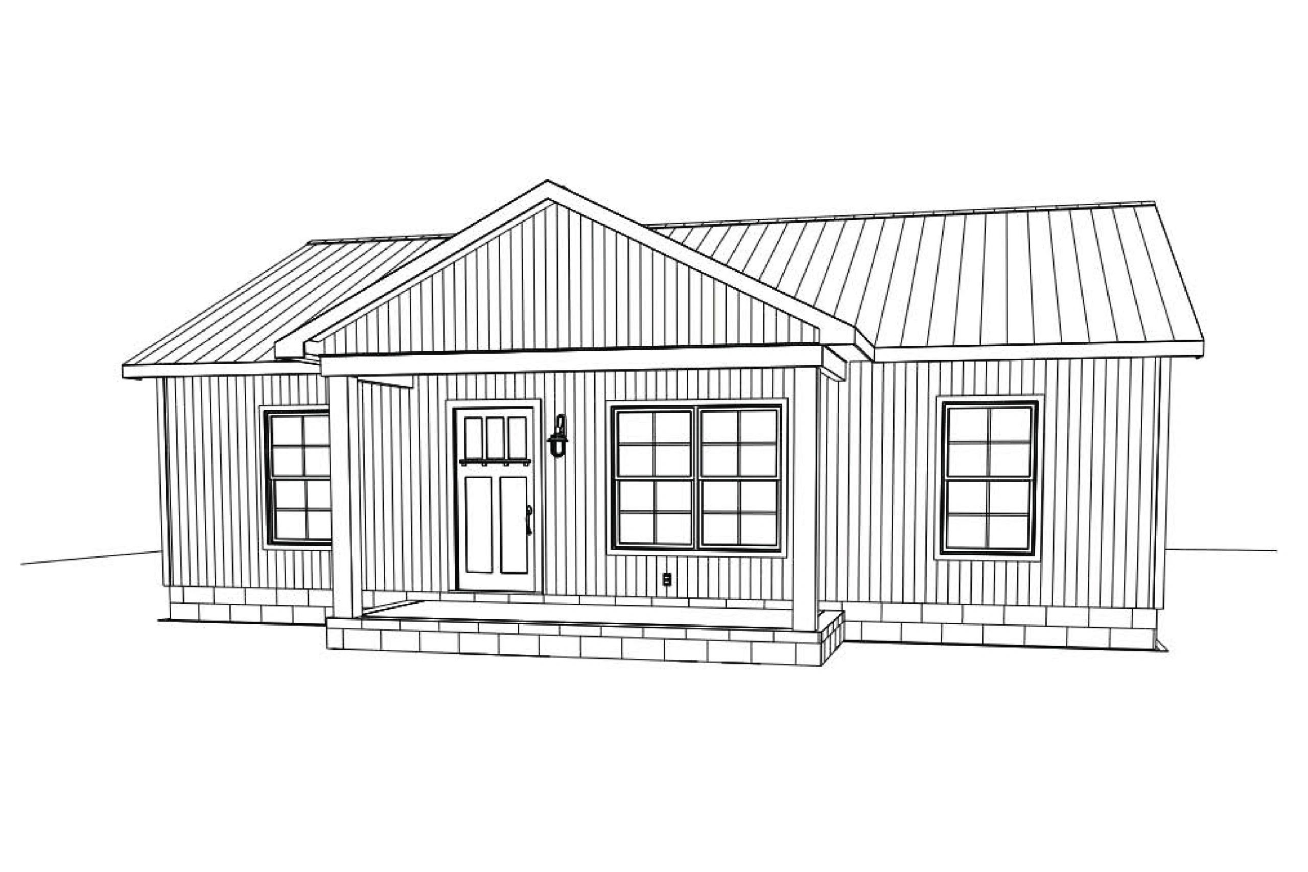 Black and white sketch of a small house with a porch and gable roof.
