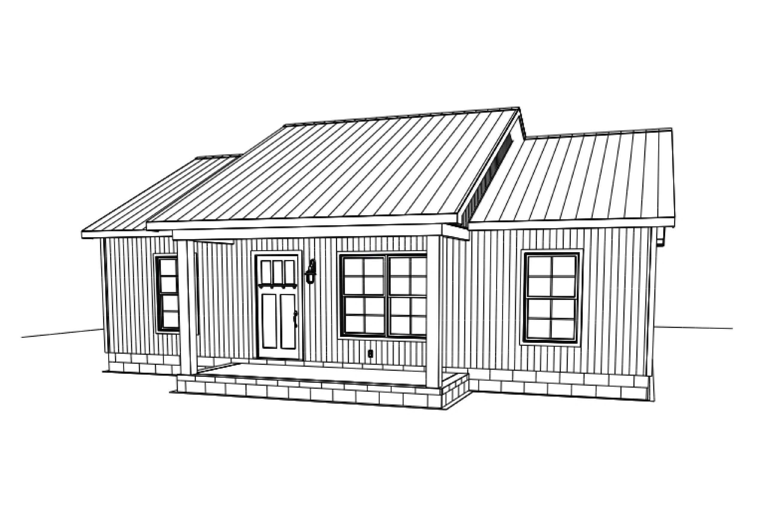 Black and white line drawing of a small house with a front porch and metal roof.