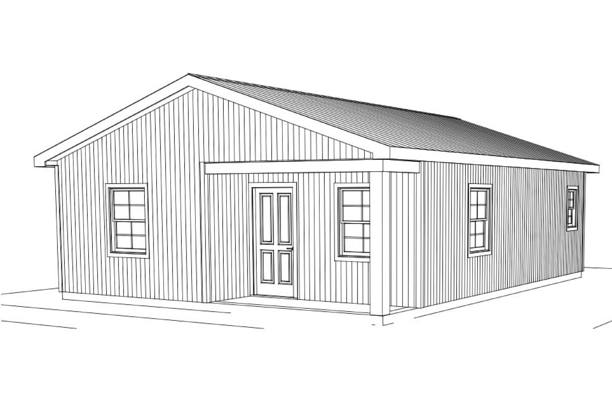 Black and white line drawing of a small house with a pitched roof and multiple windows.