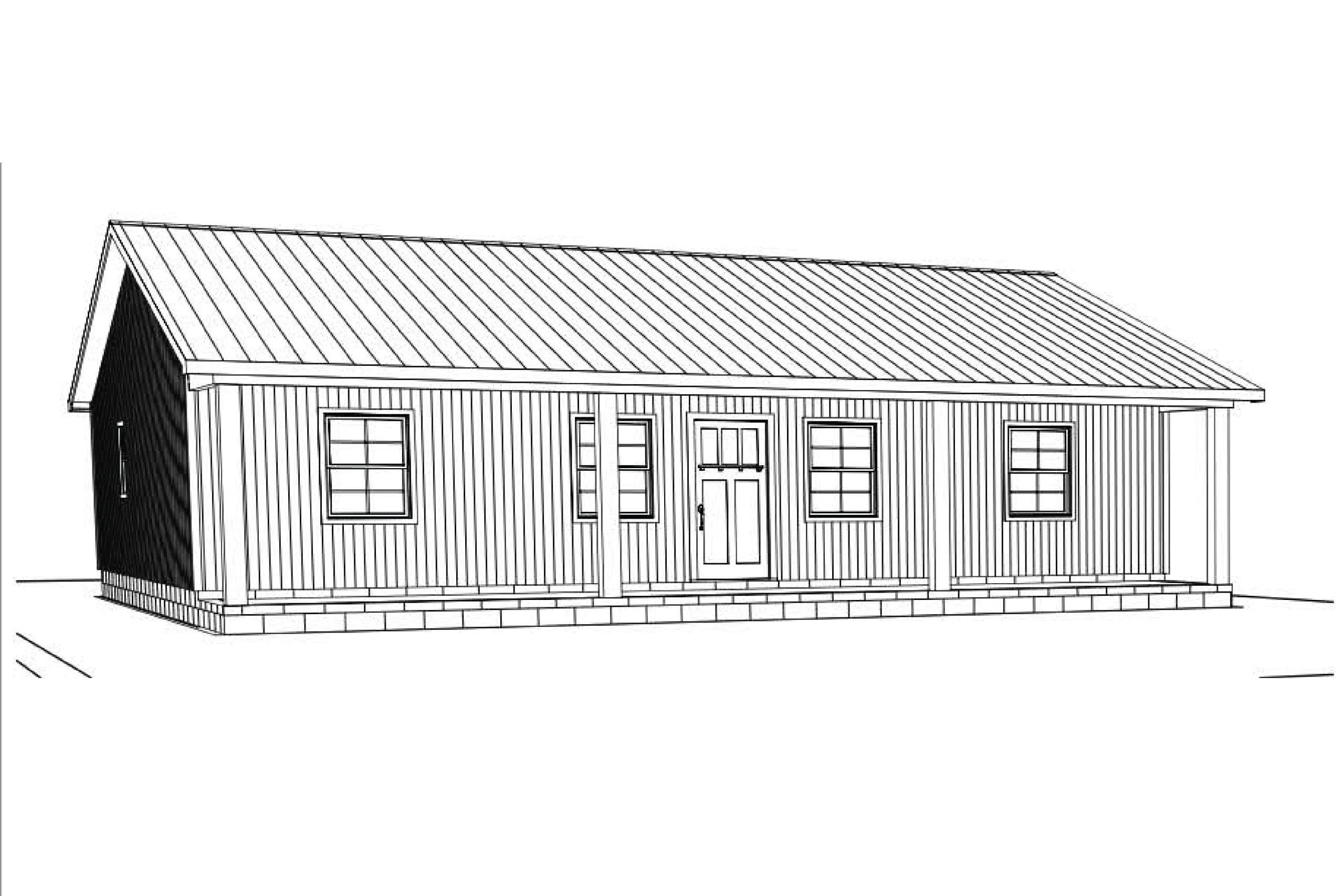 Black and white sketch of a simple house with a pitched roof and front porch.