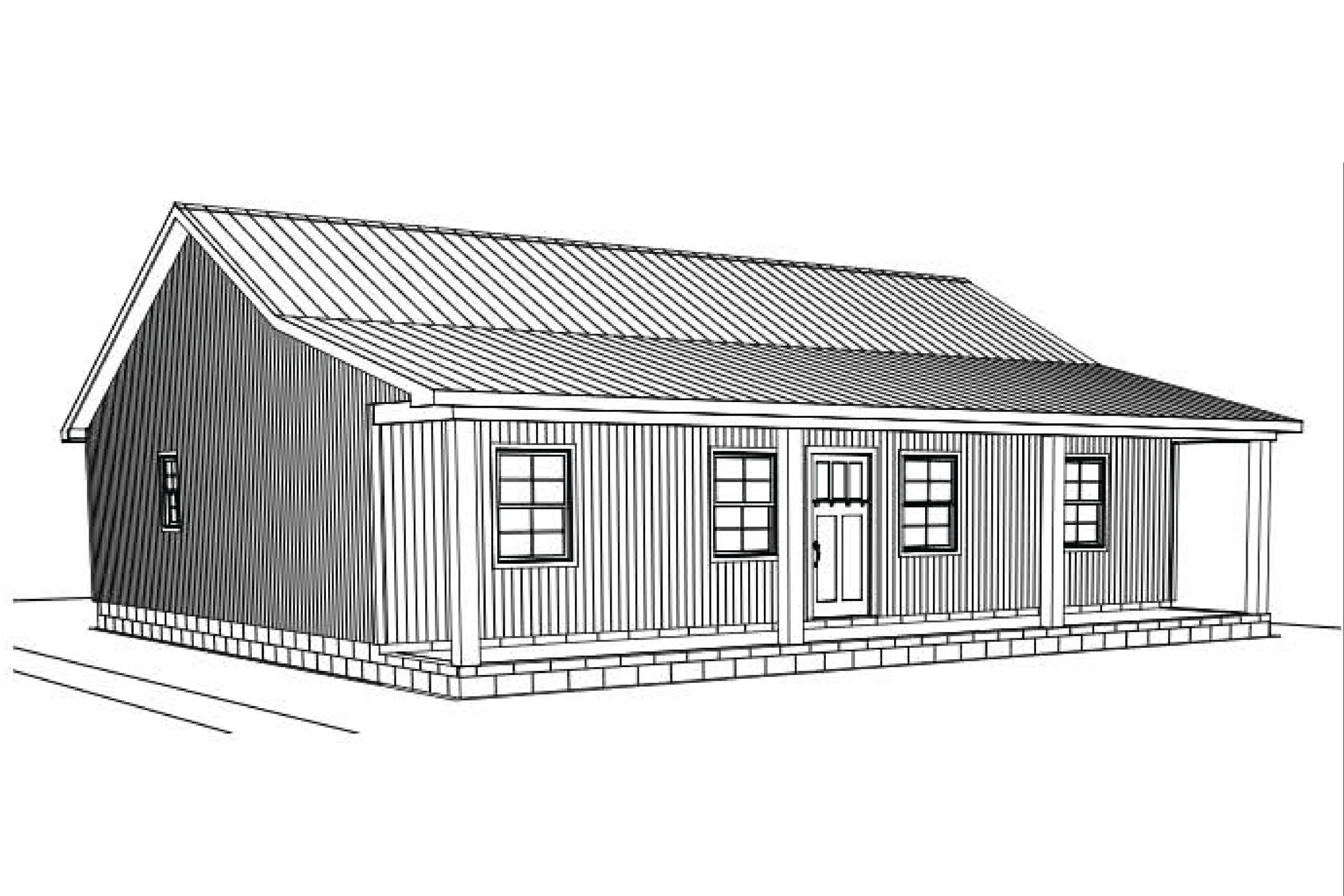 Black and white sketch of a house with a porch and gable roof.