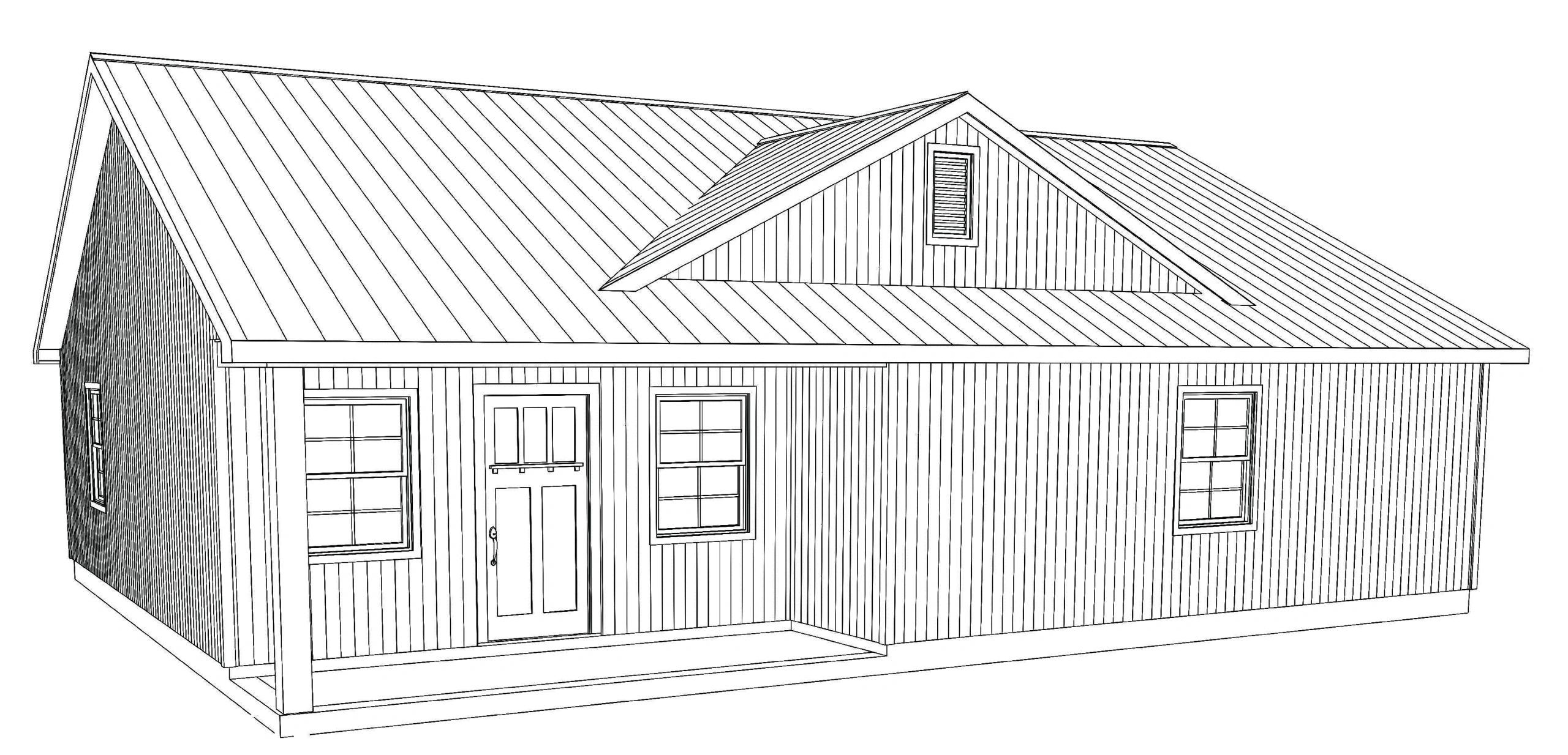 Black and white line drawing of a small house with a gabled roof and front porch.