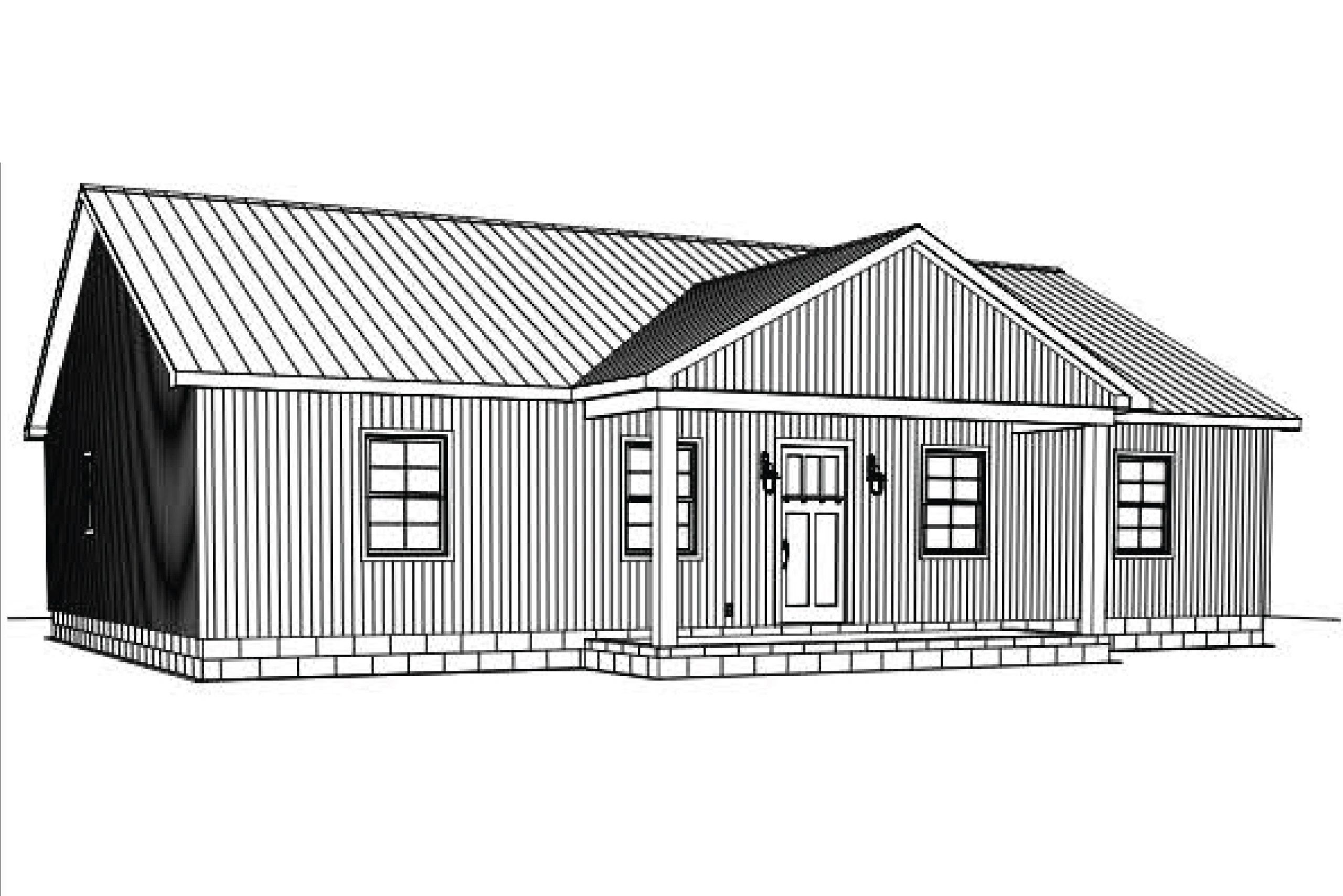 Black and white sketch of a simple house with a gabled roof and front porch.