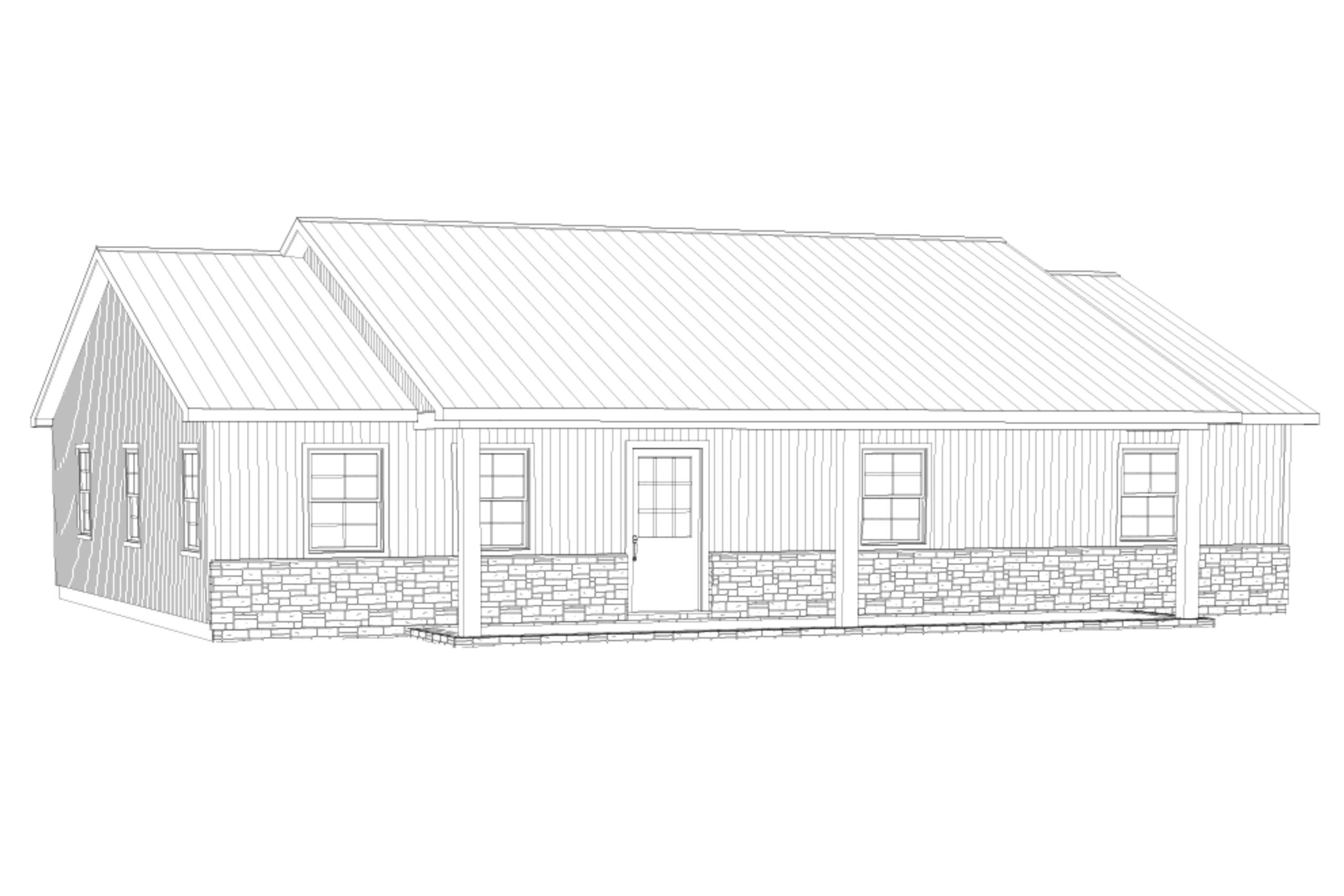 3D sketch of a single-story house with stone and wood exterior.