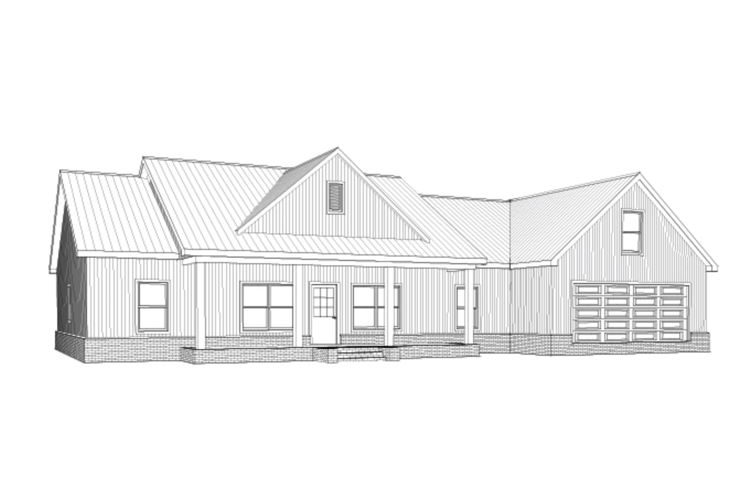 Architectural sketch of a single-story house with a porch and garage.