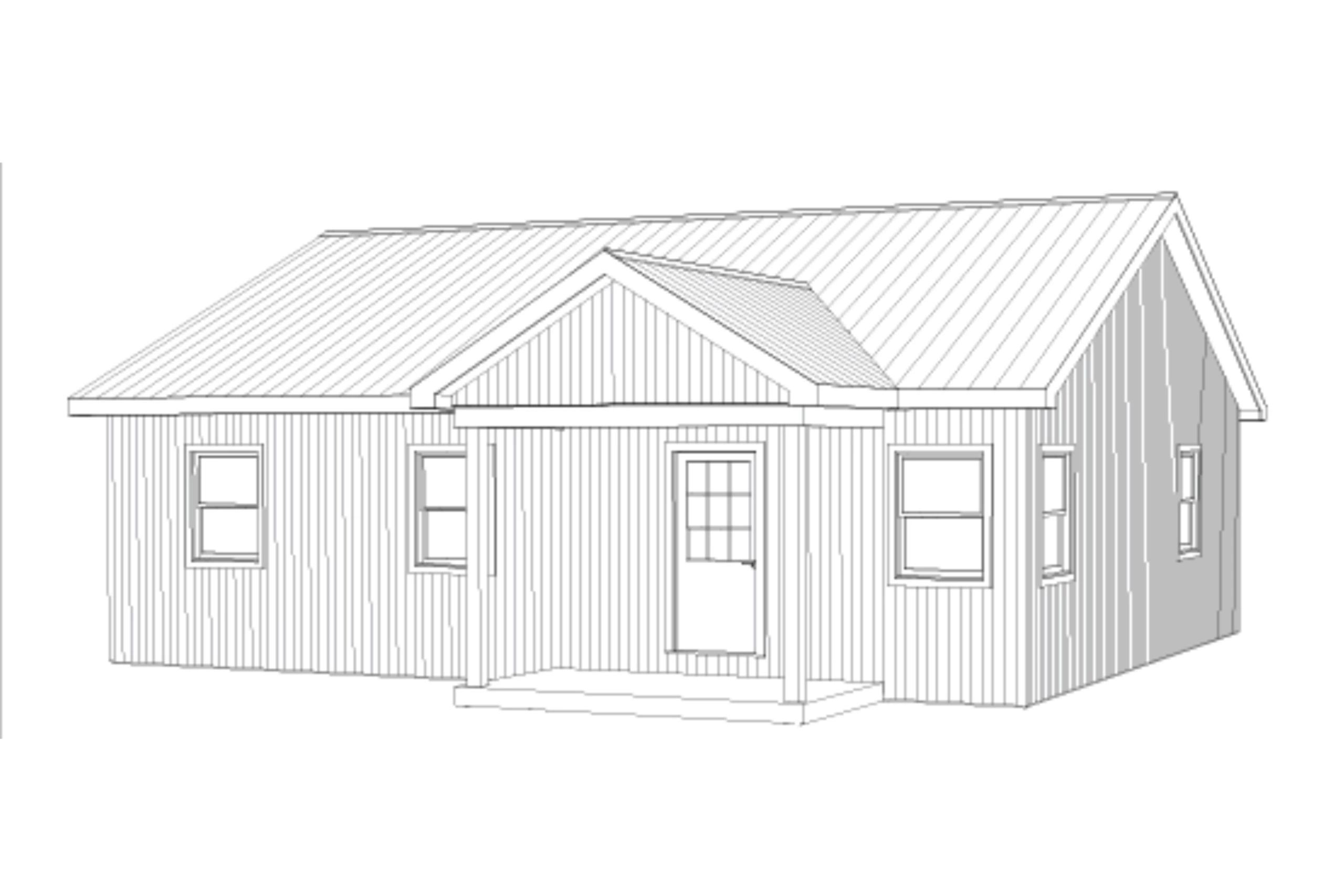 Black and white line drawing of a small house with a gabled roof and front porch.