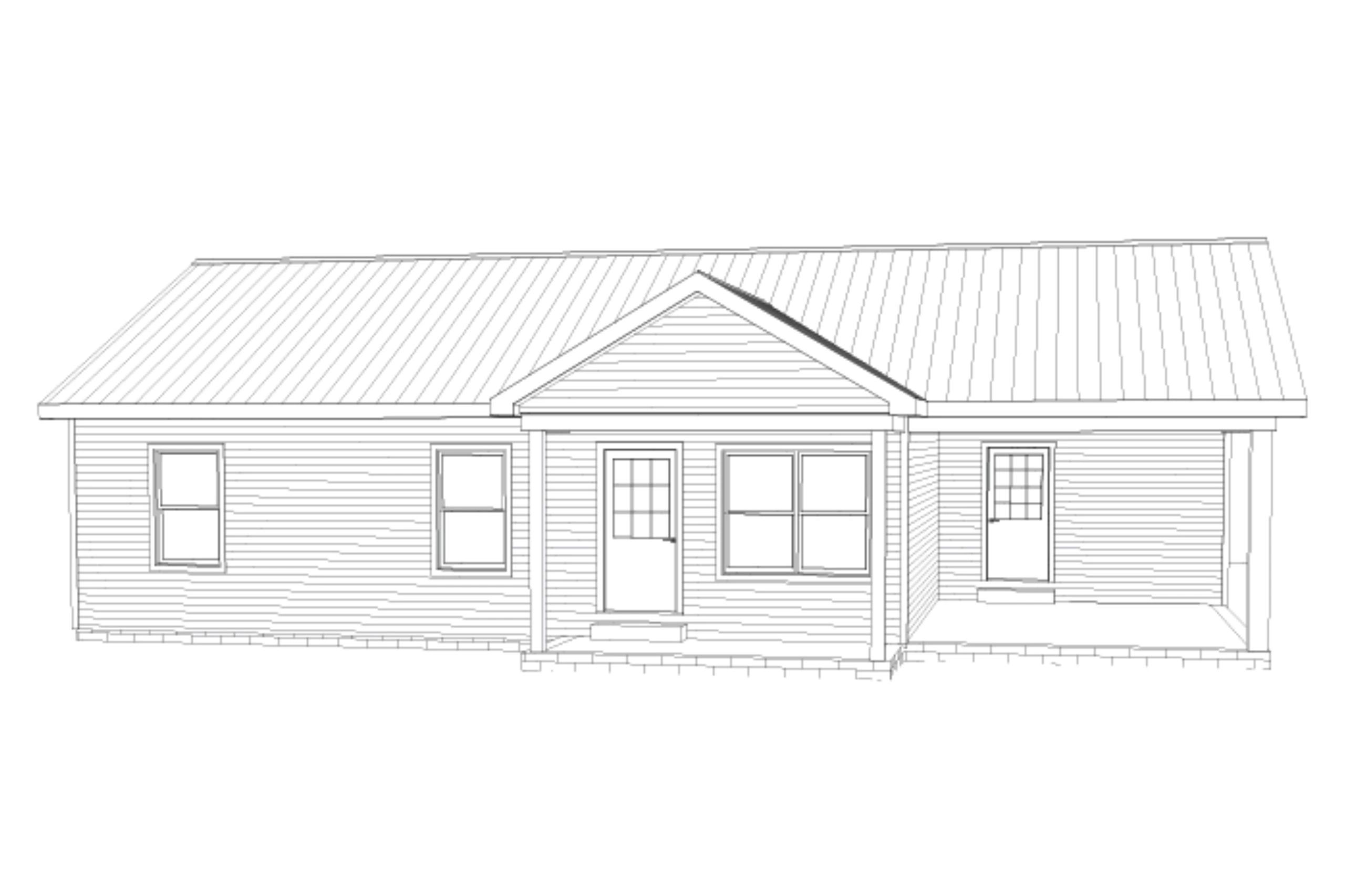 Line drawing of a house front with a porch and metal roof.